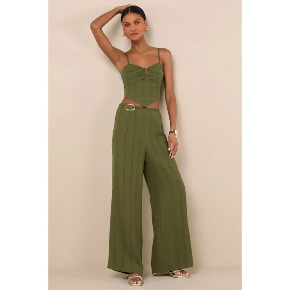 Lulus Kotryna Green Striped O-ring Belted Wide-leg Pants - Size M